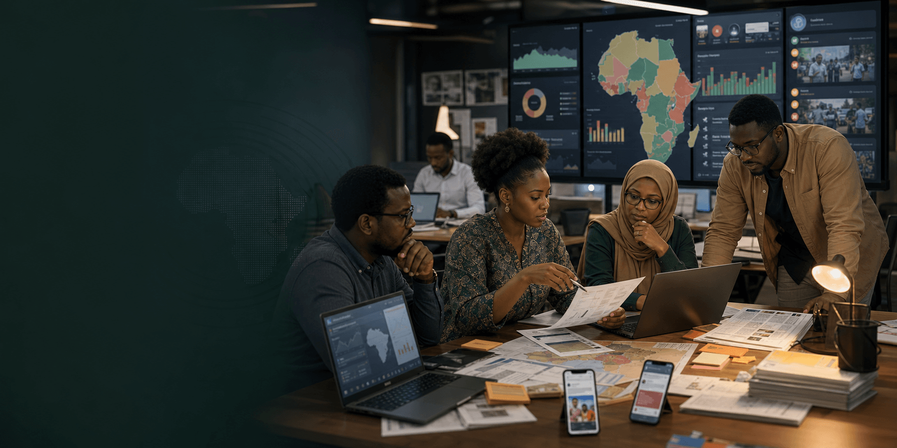 African civic-tech election monitoring room with journalists reviewing evidence.